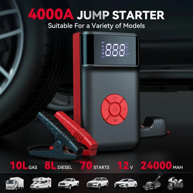 4000A 150PSI 11200Mah Portable Jump Starter with Air Compressor Function